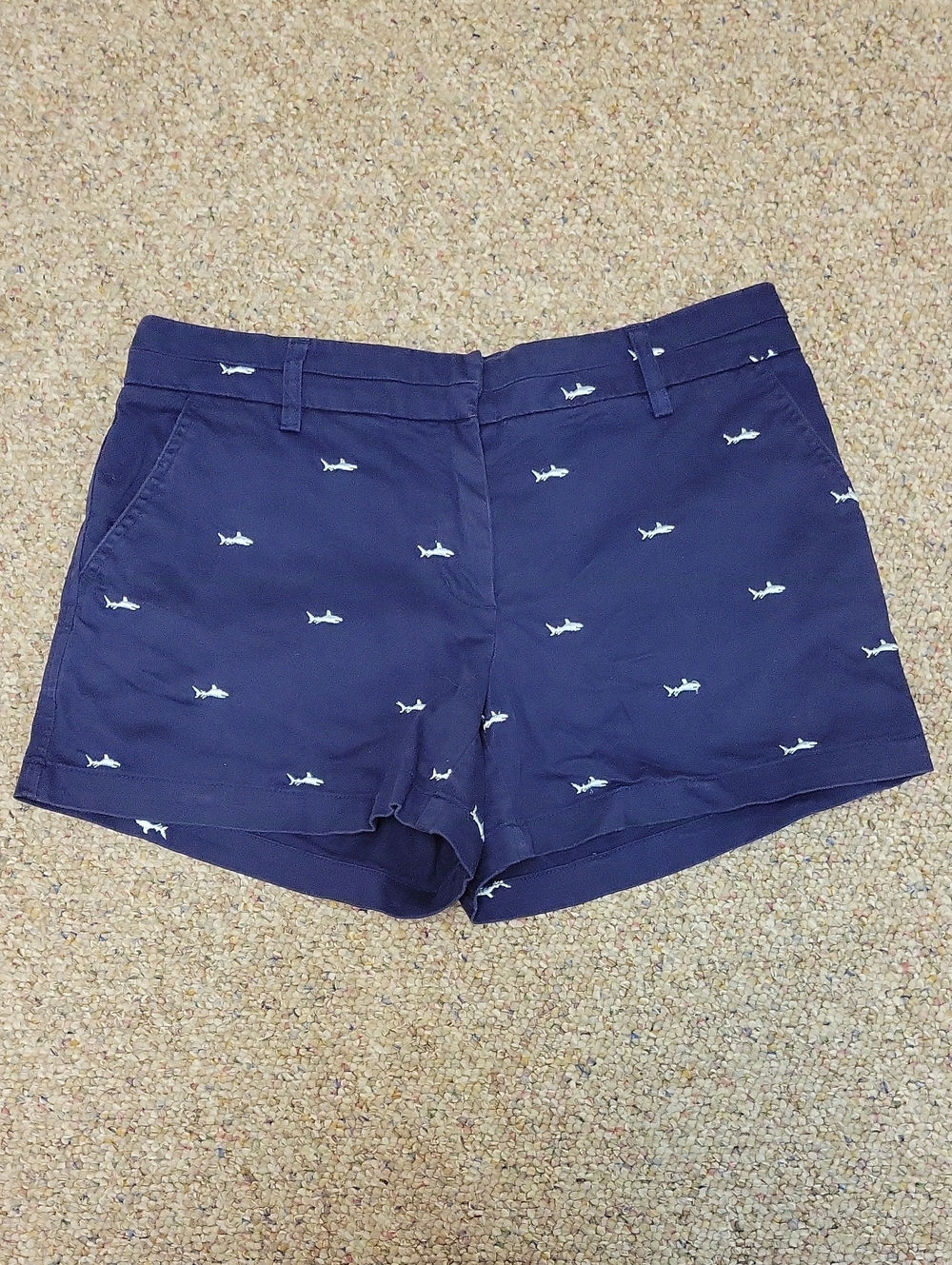 British Khaki Navy Shorts White Shark Embroidery Women Sz 6 Coastal Summer